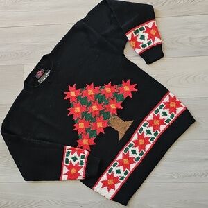 High quality Alpaca Festive Black Sweater with Red and Green Tree Design xl